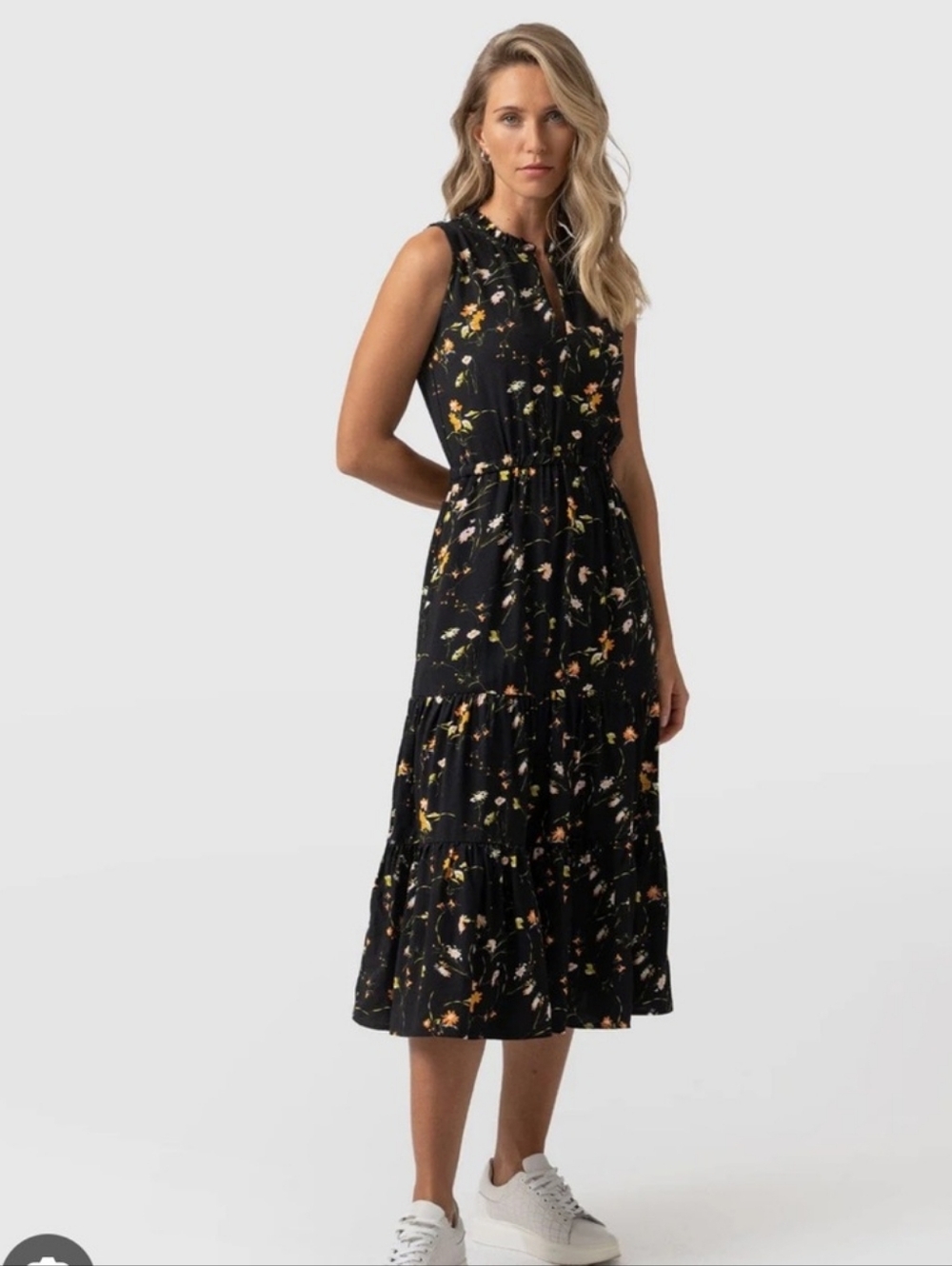Saint + Sofia Sleeveless Black Floral Midi Dress
